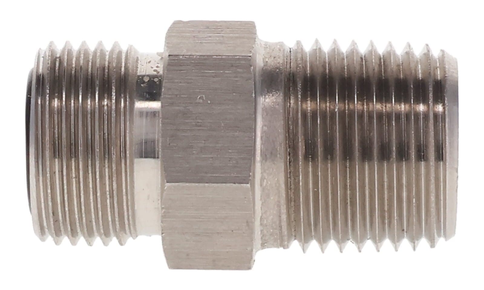Stainless steel ORFS male × NPT male connector, stainless, side view
