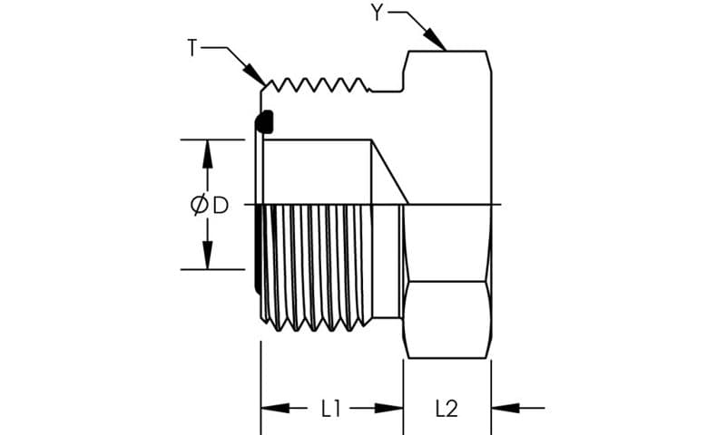 Dimension drawing of the stainless steel ORFS male plug, lettered for the size table