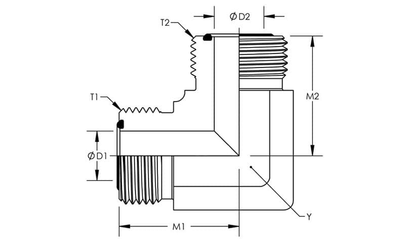 Dimension drawing of the stainless steel ORFS male union 90° elbow, lettered for the size table