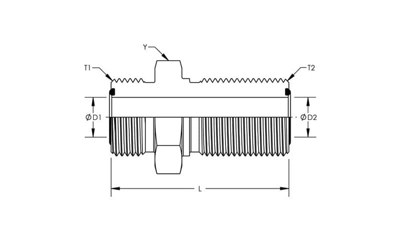 Dimension drawing of the stainless steel ORFS male bulkhead union, lettered for the size table