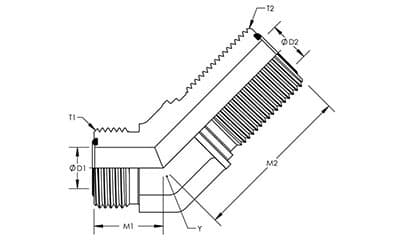 Dimension drawing of the stainless steel ORFS male bulkhead union 45° elbow, lettered for the size table