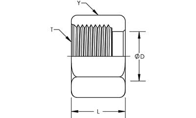 Dimension drawing of the stainless steel ORFS tube nut, lettered for the size table