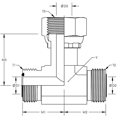 Dimension drawing of the stainless steel ORFS swivel nut branch tee, lettered for the size table