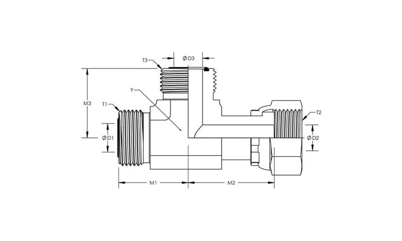 Dimension drawing of the stainless steel ORFS swivel nut run tee, lettered for the size table