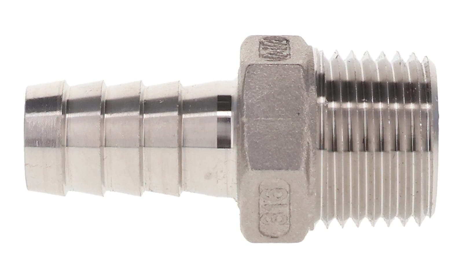 Stainless Steel Hose Barb × NPT Male, side view