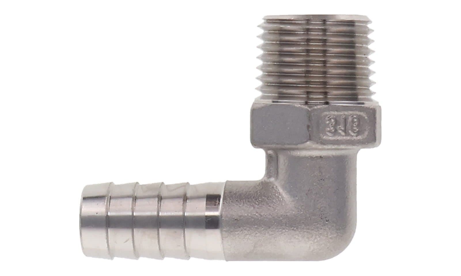 Stainless Steel Hose Barb × NPT Male 90° Elbow, side view