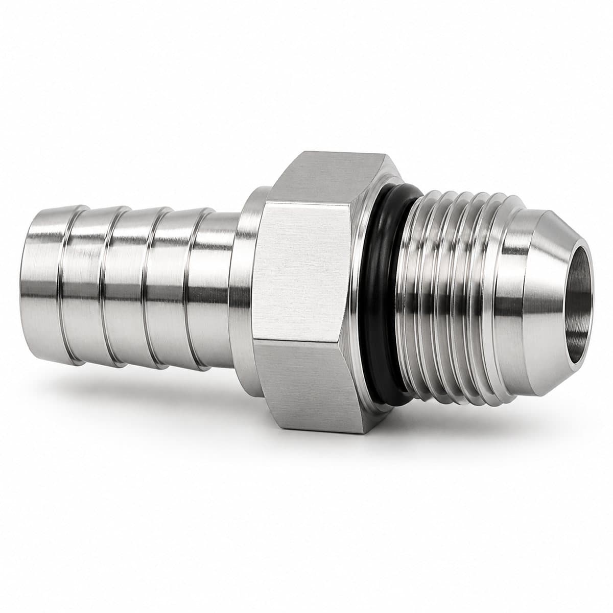 316L stainless steel JIC 37° male hose fitting with O-ring, hex body and serrated hose tail