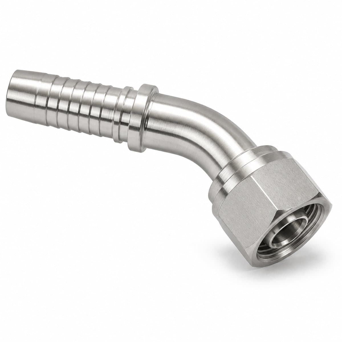 316L stainless steel NPSM female swivel hose fitting, 60° cone seat, 45° elbow with crimp tail