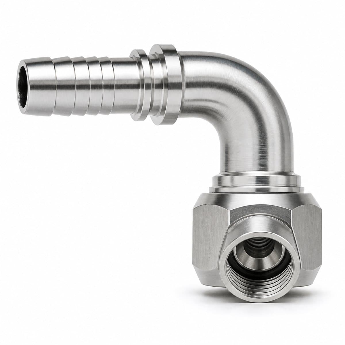 316L stainless steel NPSM female swivel hose fitting, 60° cone seat, 90° elbow with crimp tail