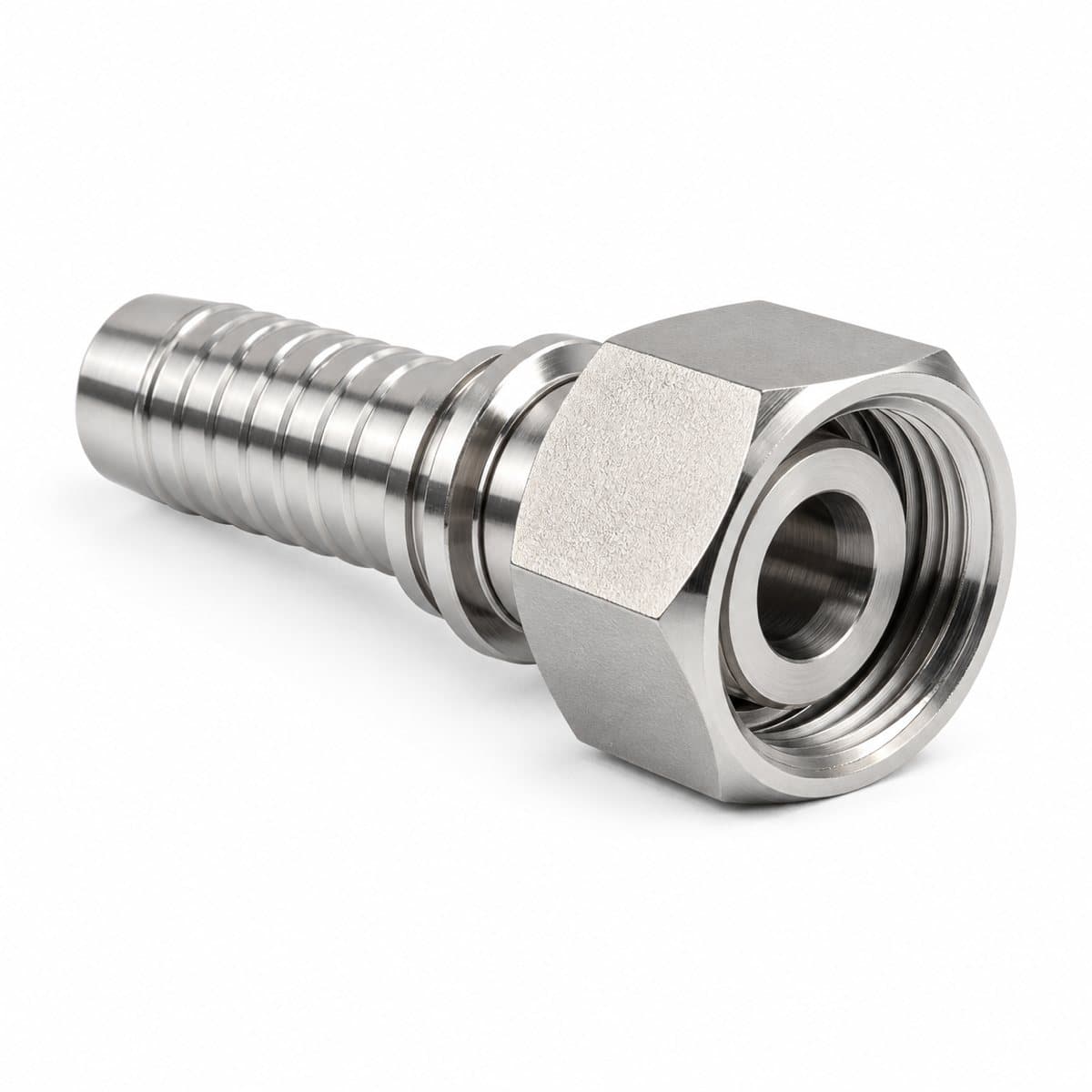 316 stainless steel ORFS female swivel hose fitting, straight, hex nut and crimp tail