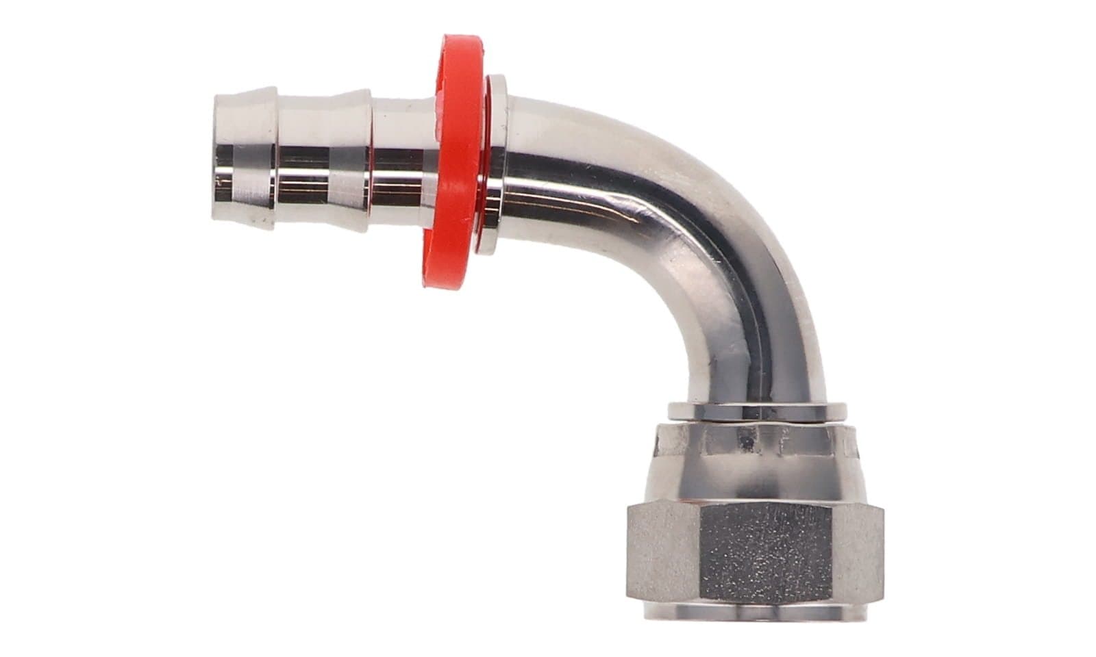 Stainless Steel Push-On Hose Fitting × JIC 37° Female Swivel 90°, side view