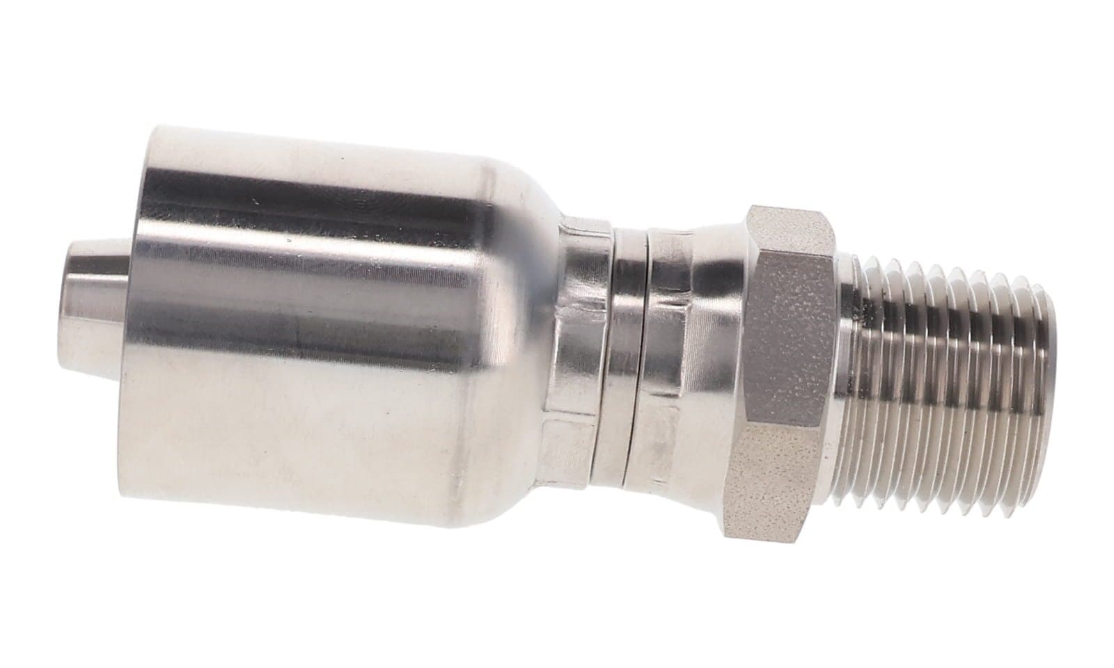 Stainless Steel 43 Series Crimp Hose Fitting × NPT Male Swivel, side view