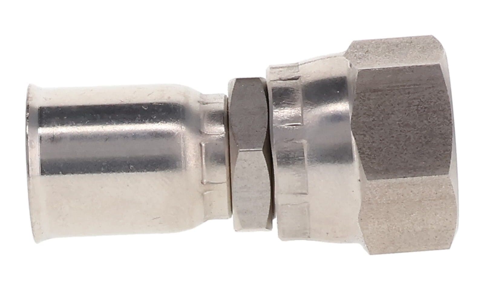 Stainless Steel R14 PTFE Hose End × JIC 37° Female Swivel, side view