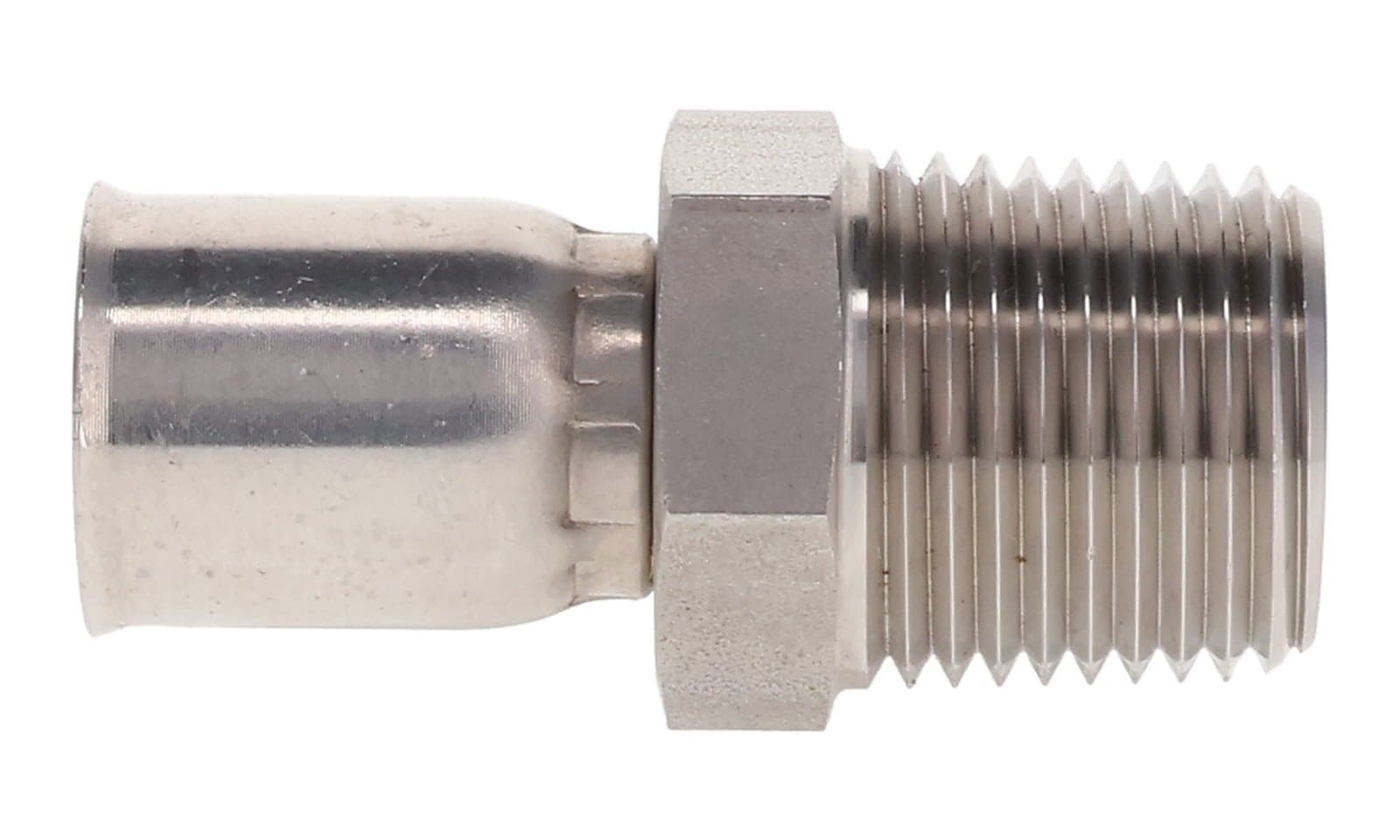 Stainless Steel R14 PTFE Hose End × NPT Male, side view