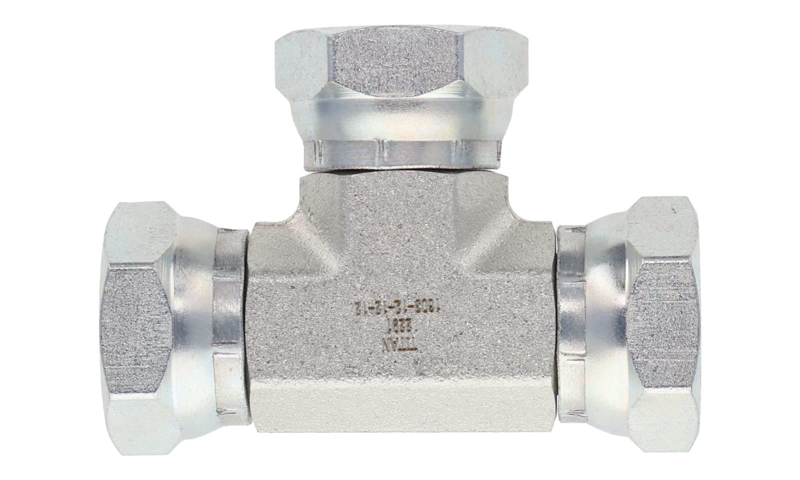 Steel NPSM female swivel union tee, zinc-plated steel, top view