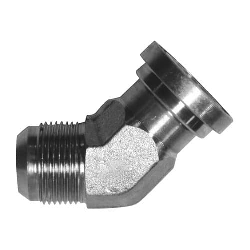 Zinc-plated steel JIC 37° Male x Code 62 Flange 45° Elbow, side view