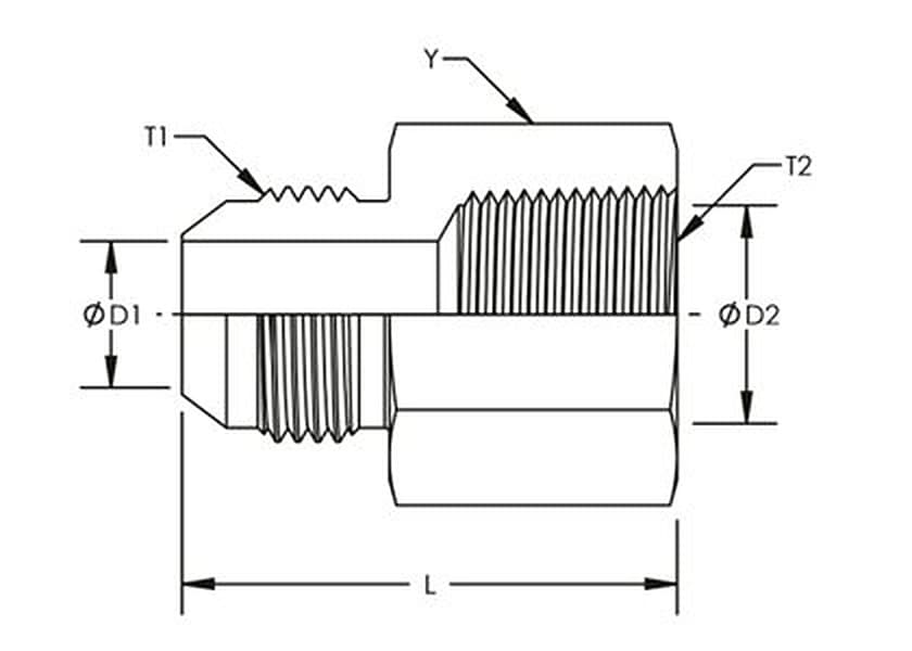 Dimension drawing of the steel JIC 37° male × NPTF female connector, lettered for the size table