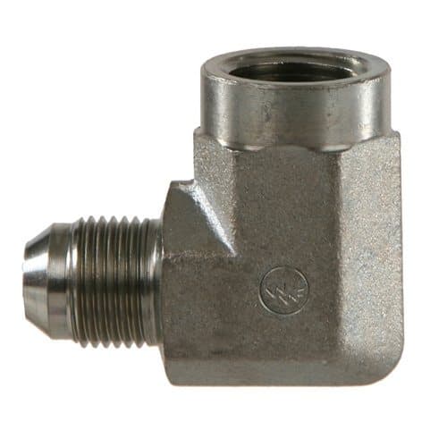 Steel JIC 37° male × NPTF female 90° elbow, angled view