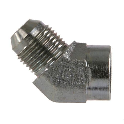 Steel JIC 37° male × NPTF female 45° elbow, angled view