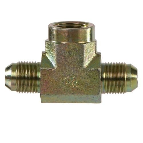 Steel JIC 37° male × NPTF female branch tee, angled view