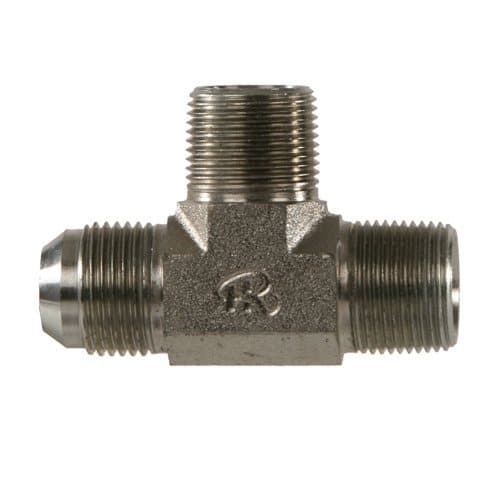 Steel JIC 37° male × NPTF male service tee, angled view
