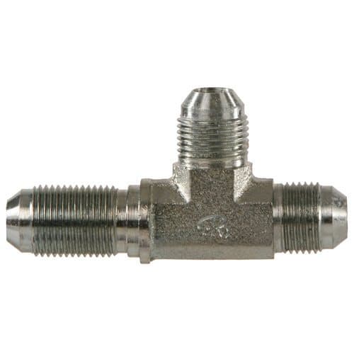 Steel JIC 37° male bulkhead run tee, angled view
