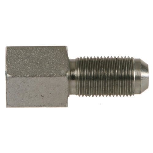 Steel NPTF female × JIC 37° male bulkhead connector, angled view