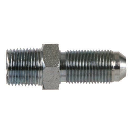 Steel NPTF male × JIC 37° male bulkhead connector, angled view