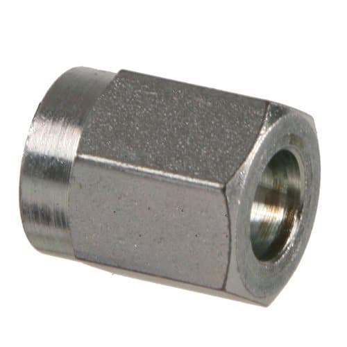 Steel Convert-A-Flare tube nut, JIC 37° to flareless, angled view