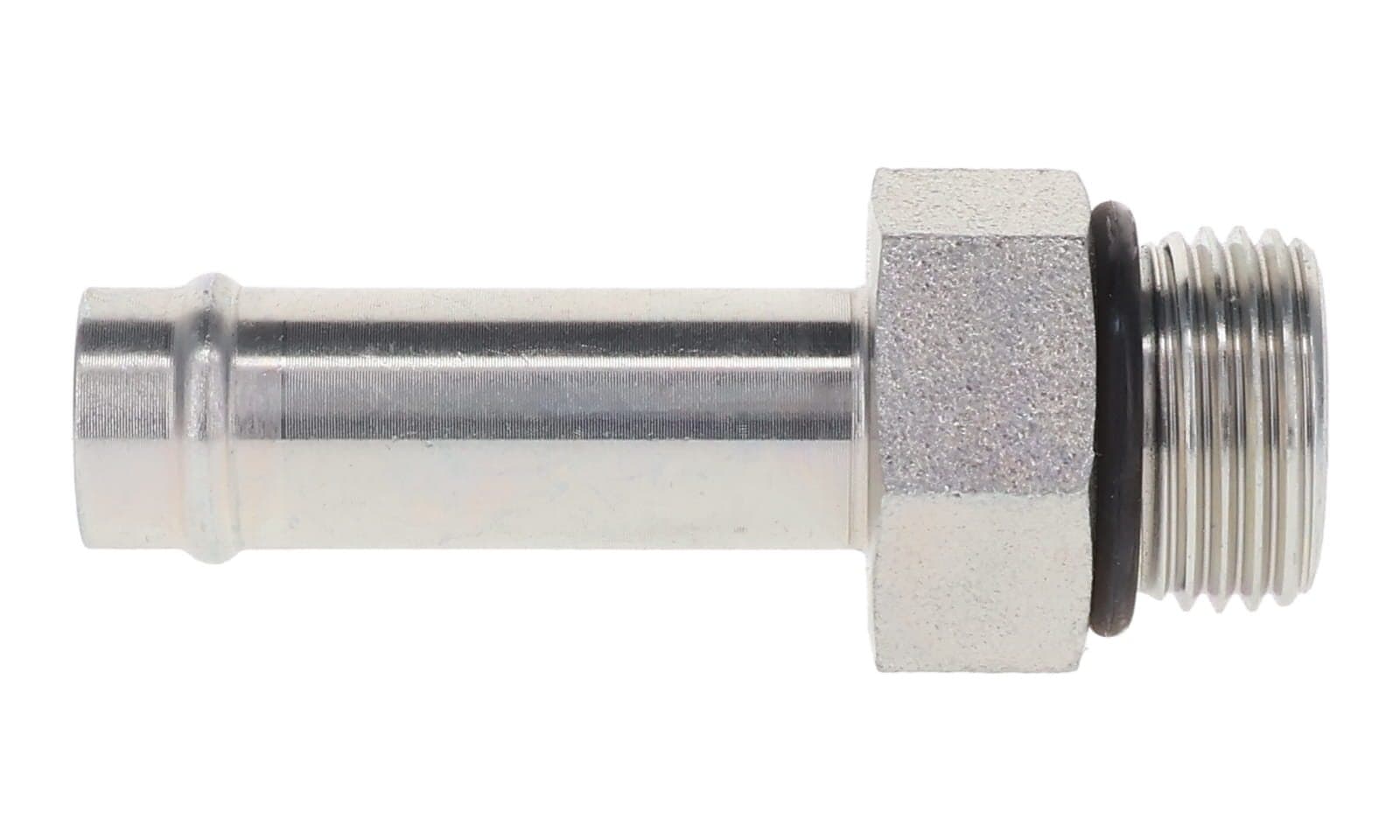 Steel beaded hose barb × ORB male adapter, zinc-plated steel, side view