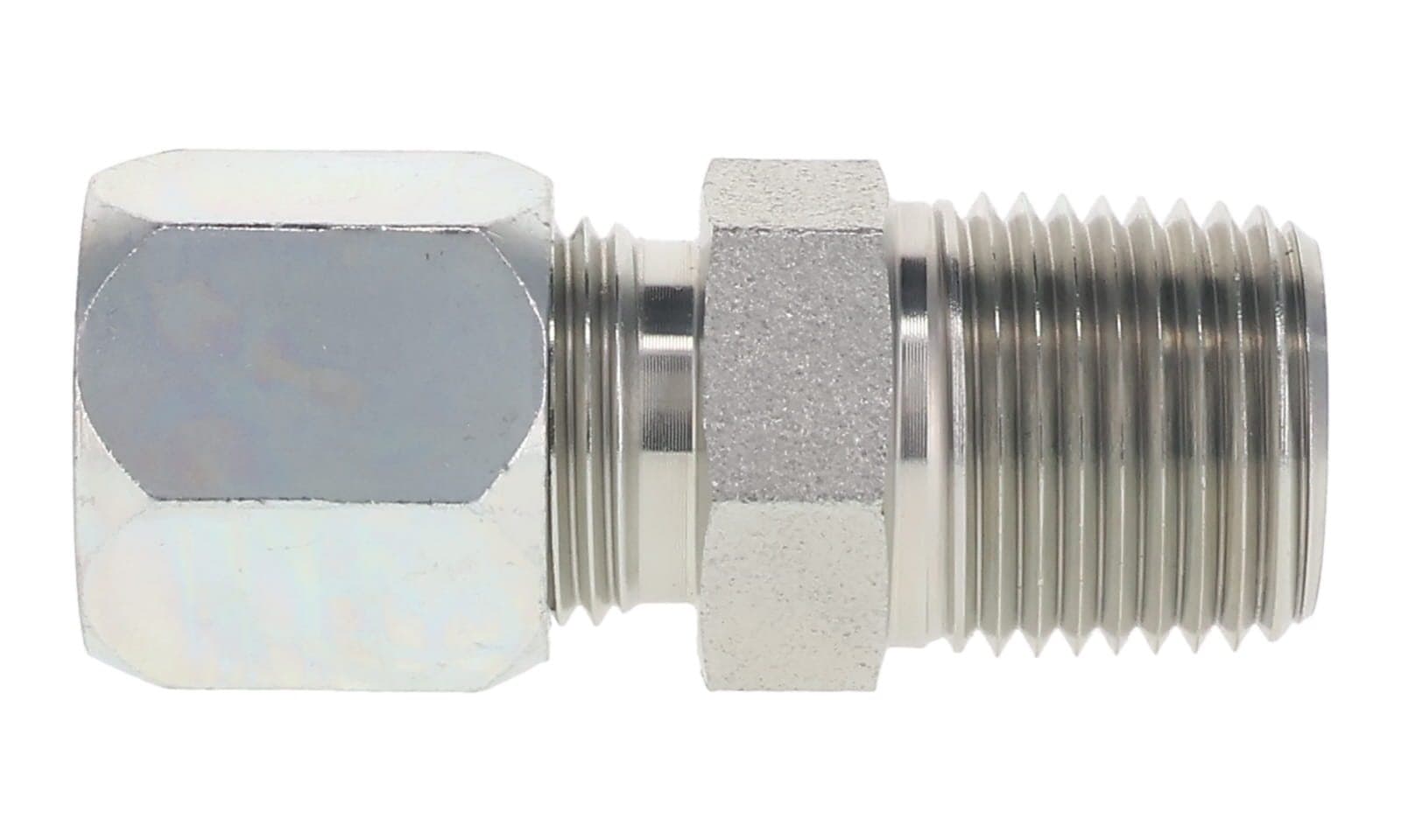 Steel flareless tube × NPTF male connector, side view