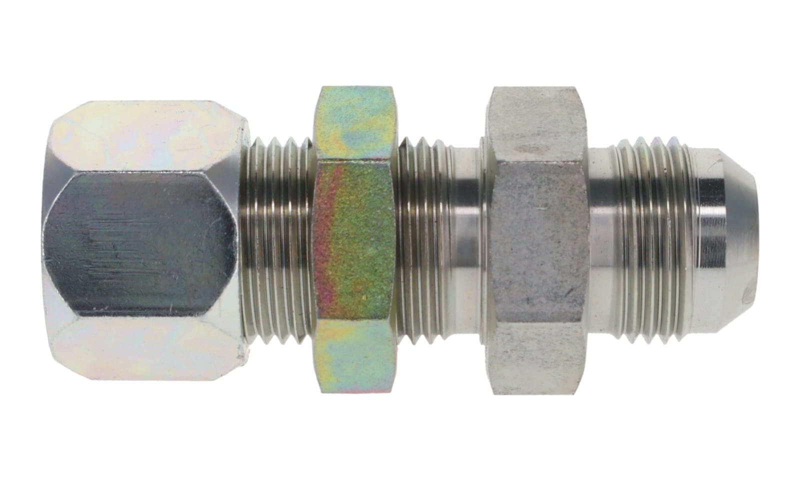 Steel flareless tube × JIC 37° male bulkhead connector, side view