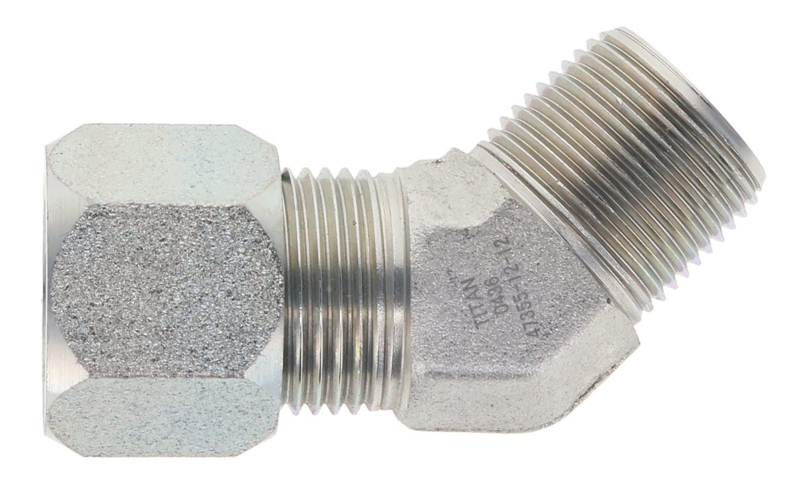 Steel flareless tube × NPTF male 45° elbow, side view