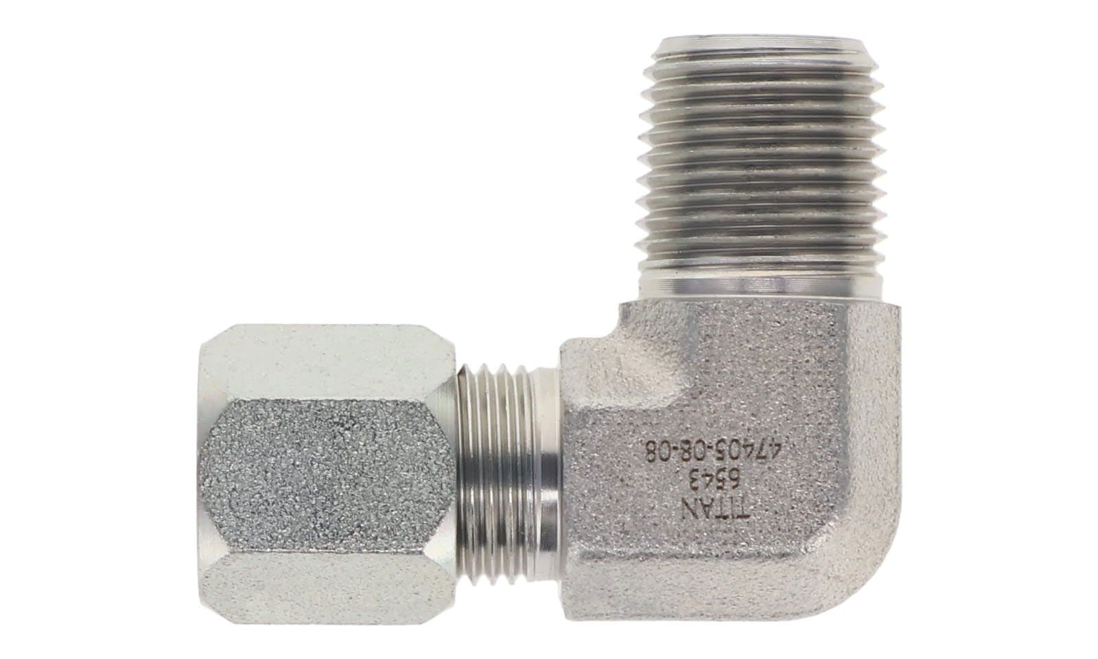 Steel flareless tube × NPTF male 90° elbow, side view