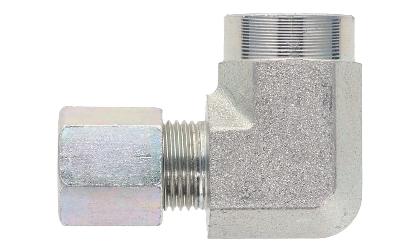 Steel flareless tube × NPTF female 90° elbow, side view