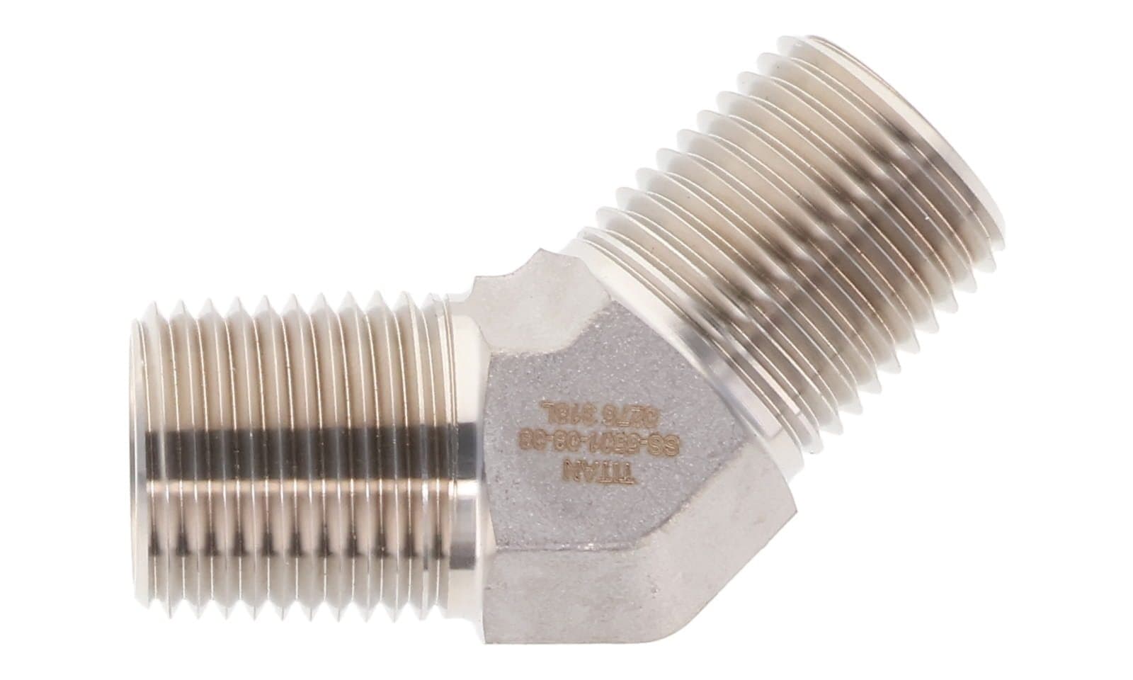 Steel NPTF male 45° elbow, zinc-plated steel, top view