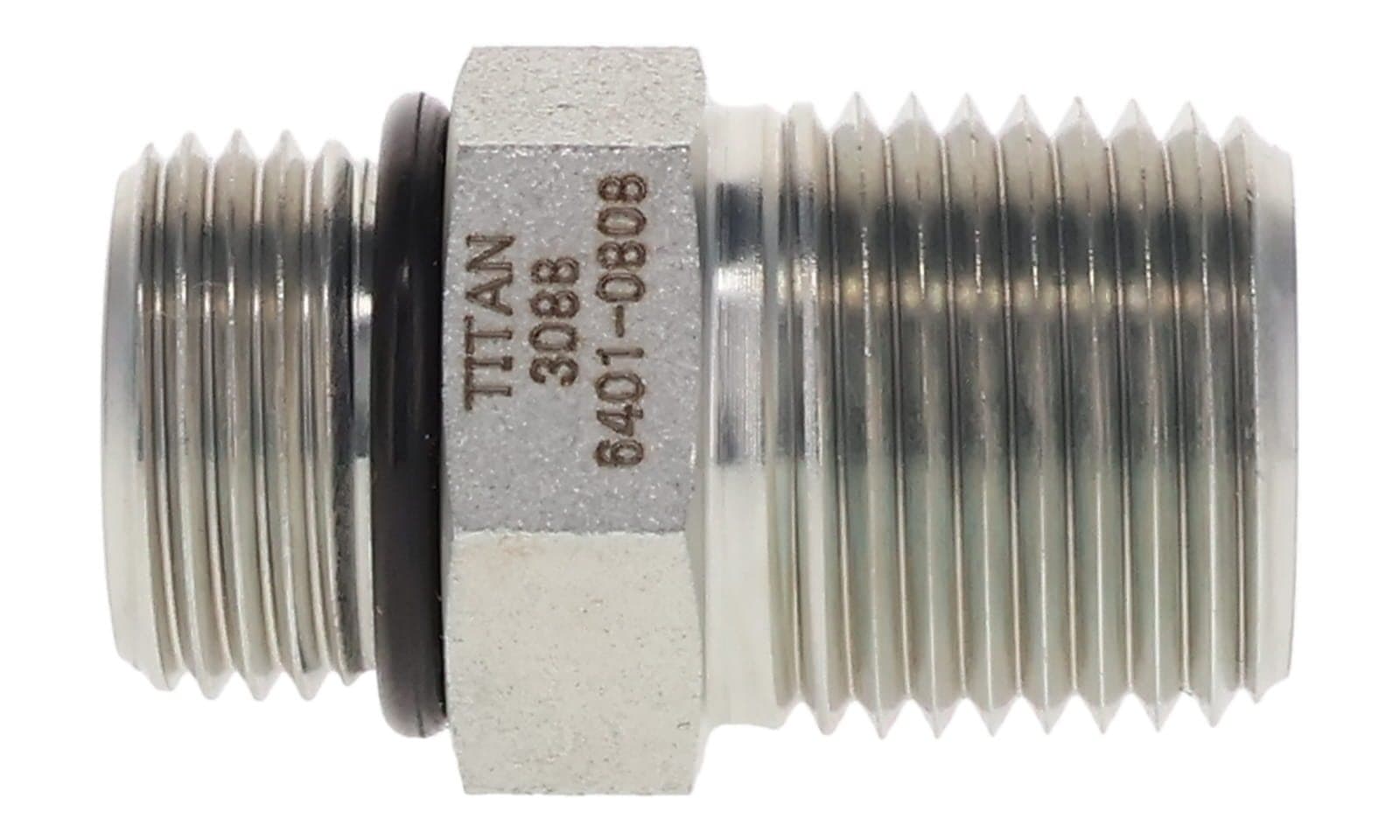 Steel ORB male × NPTF male adapter, zinc-plated steel, side view