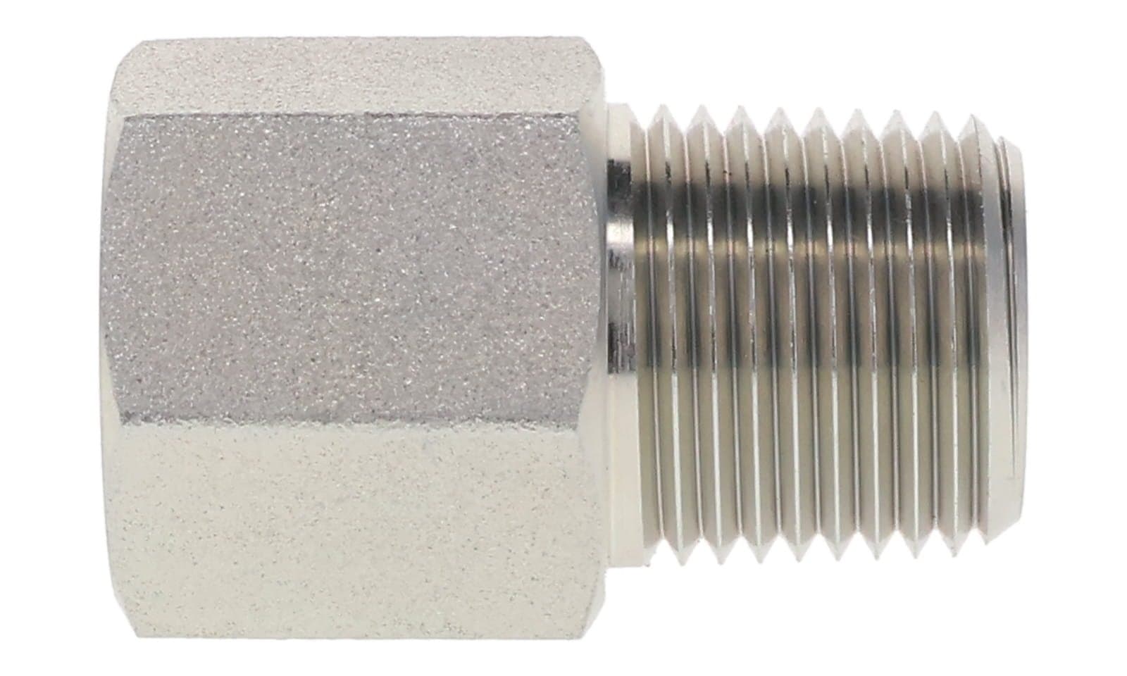 Steel ORB female × NPTF male adapter, zinc-plated steel, side view