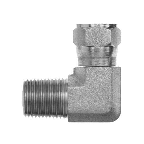 Steel NPTF male × JIC 37° female swivel 90° elbow, angled view