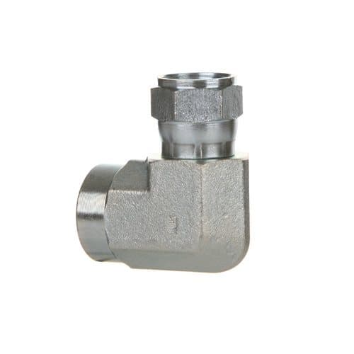 Steel NPTF female × JIC 37° female swivel 90° elbow, angled view