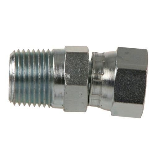 Steel NPTF male × JIC 37° female swivel connector, angled view
