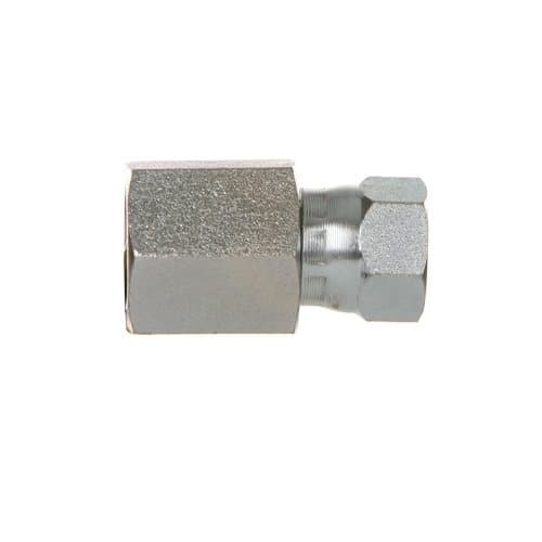 Steel NPTF female × JIC 37° female swivel connector, angled view