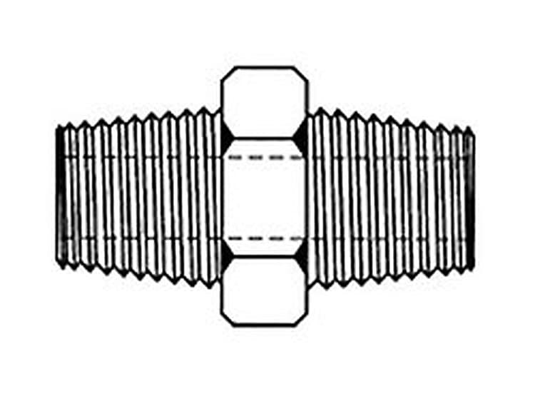 Line drawing of the steel BSPT male × NPTF male adapter