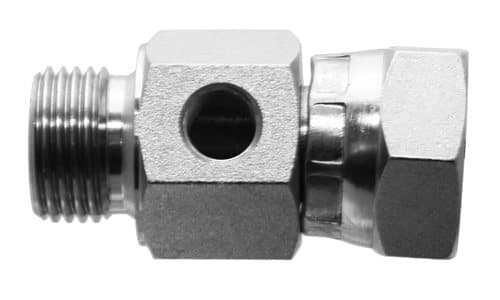 Steel BSPP test port tee, male × female swivel × 1/8" BSP port, angled view
