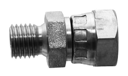 Steel metric male × BSPP female swivel adapter, angled view