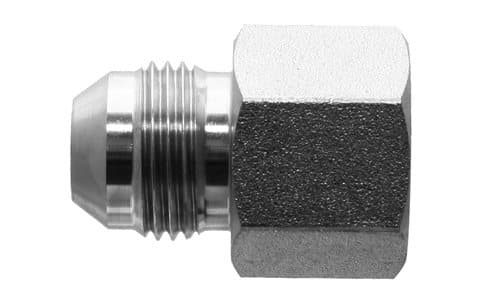 Steel JIC 37° male × metric ORFS female adapter, angled view