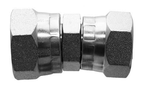 Steel BSPP female swivel × JIC 37° female swivel adapter, angled view