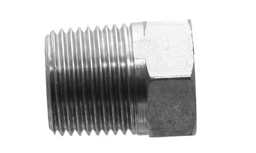 Steel BSPT male × BSP female adapter, angled view