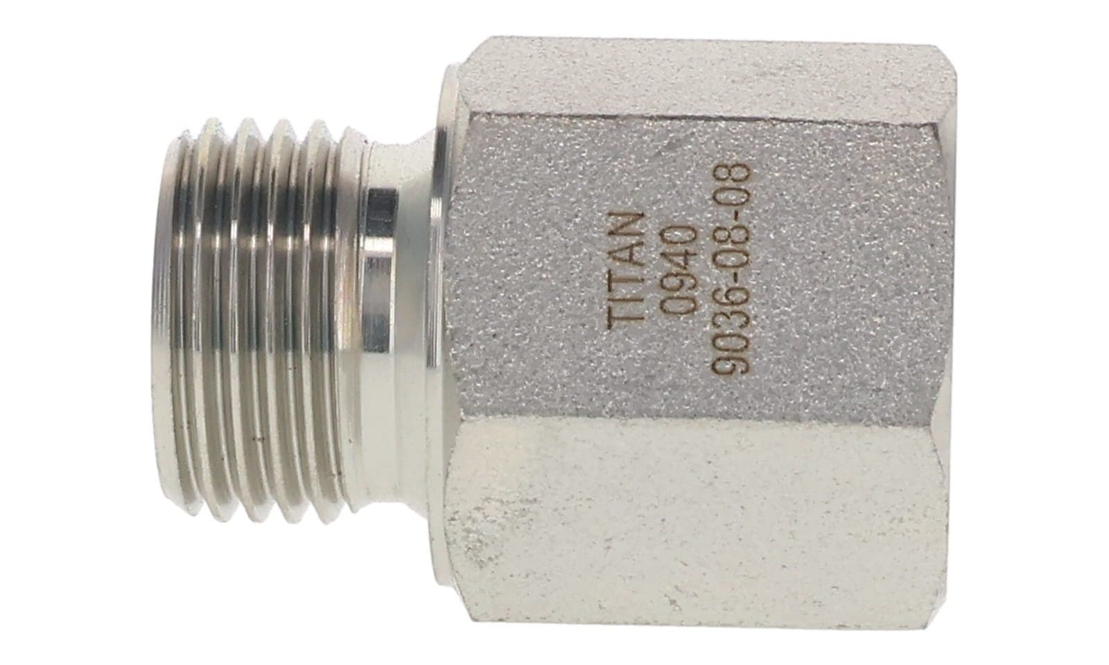 Steel BSPP male × ORB female adapter, zinc-plated steel, side view