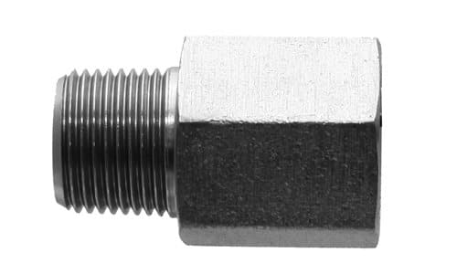 Steel BSPT male × NPTF female adapter, angled view